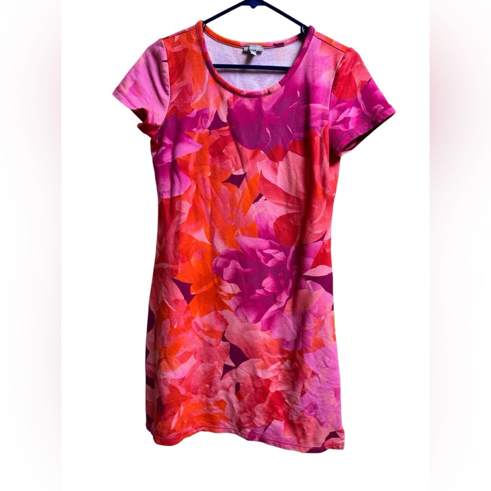 T by Talbots Pink Orange Floral Knit Dress Size SP | Stretch Cotton Modal Blend